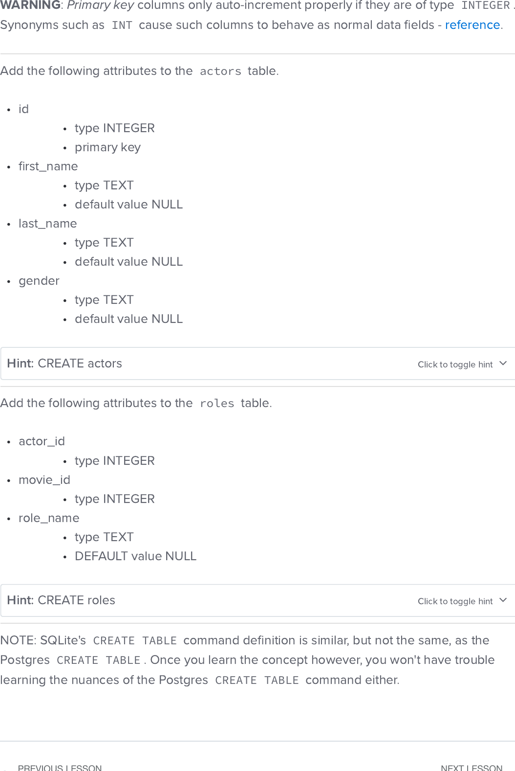 Page 2 of 3 - Create Tables Instructions