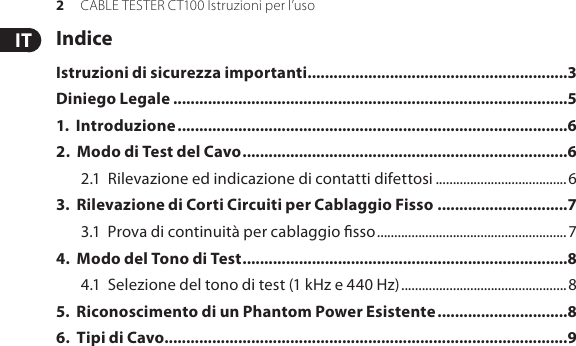 Page 2 of 11 - CABLE ER CT100 Behringer User Manual (Italian) M It