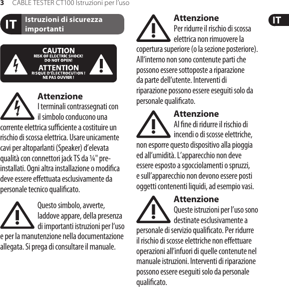 Page 3 of 11 - CABLE ER CT100 Behringer User Manual (Italian) M It