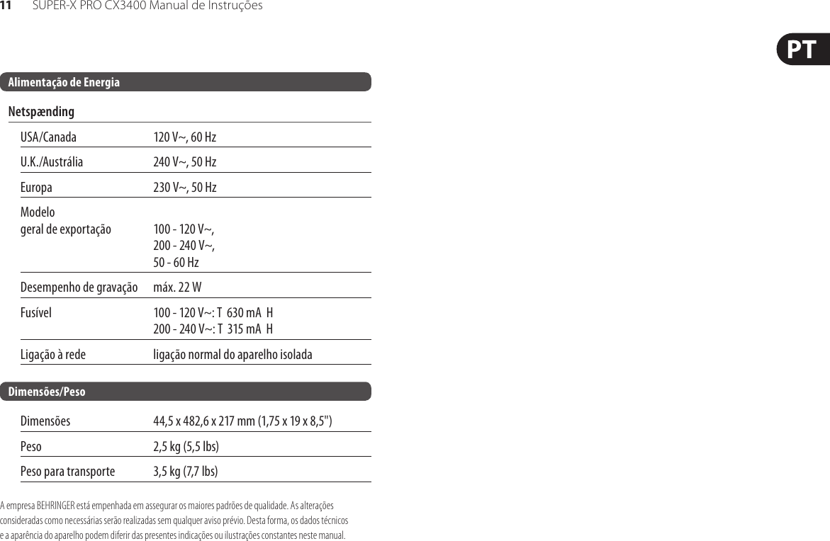 Page 11 of 12 - SUPER-X PRO CX3400 Behringer User Manual (Portuguese) P0100 M Pt
