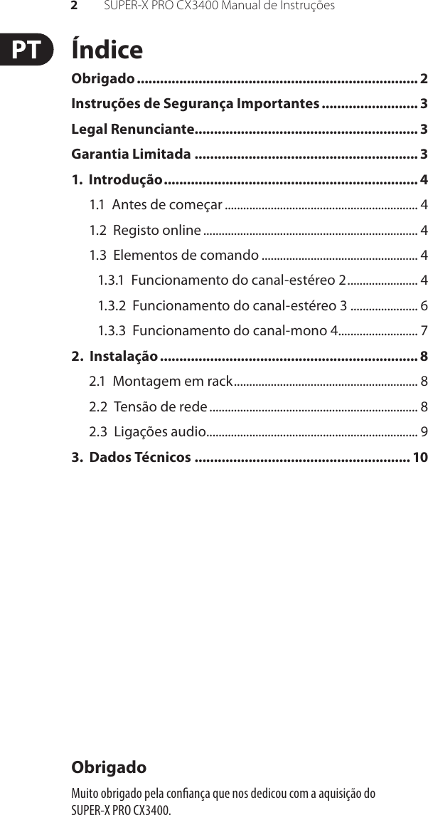 Page 2 of 12 - SUPER-X PRO CX3400 Behringer User Manual (Portuguese) P0100 M Pt