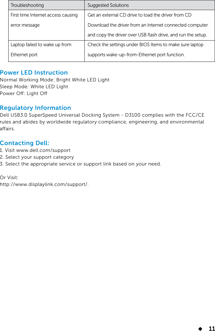 Page 11 of 11 - Dell USB3.0 Dock D3100 User Guide Dell-usb3-dock-3100 User%27s%20guide En-us