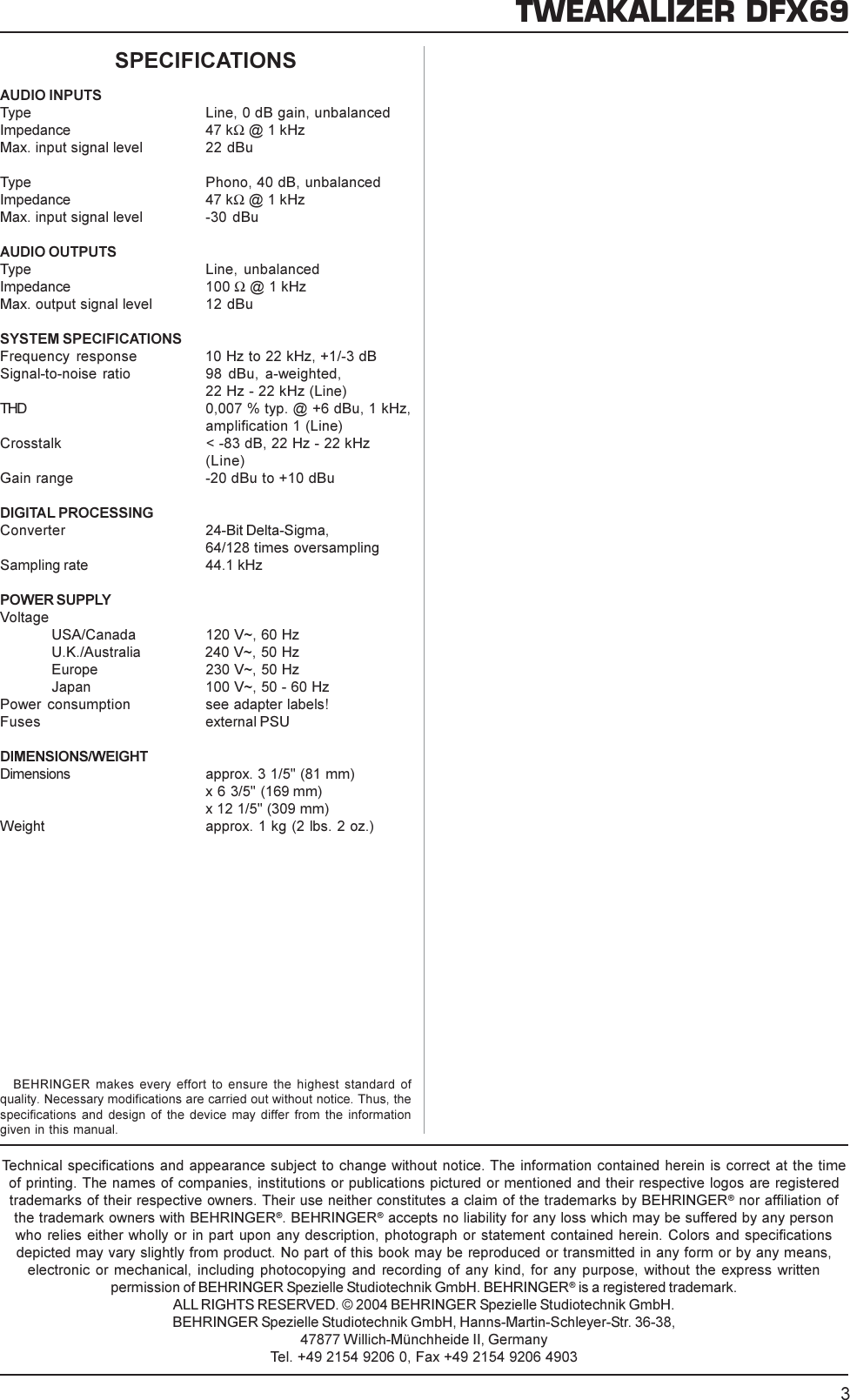 Page 3 of 3 - DFX69_SPECS_Rev_A.PMD Behringer DFX69 Specification Sheet P0192 S En