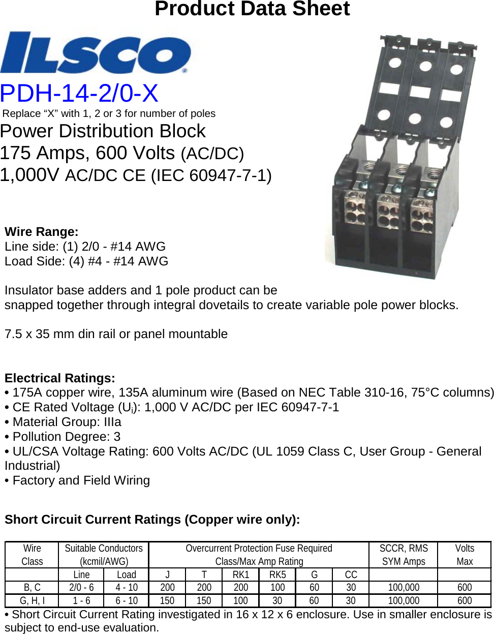 Page 1 of 3 - Instructions –Data Sheet PDH-14-2/0-X S-Ilsco-Reference-Power-Distribution-Block-Product Data Sheets-PDH-14-20-X