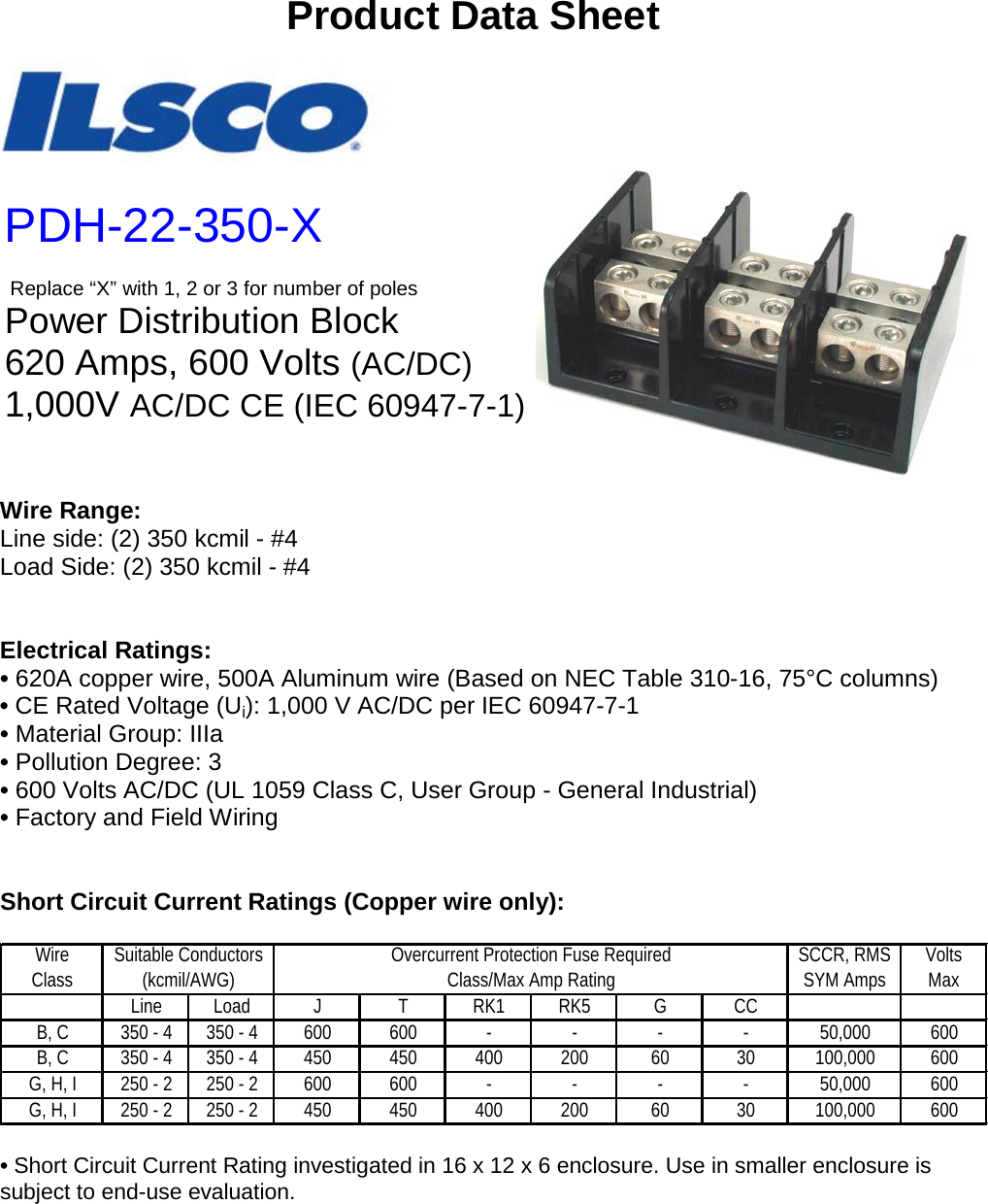 Page 1 of 3 - Instructions –Data Sheet PDH-22-350-X S-Ilsco-Reference-Power-Distribution-Block-Product Data Sheets-PDH-22-350-X
