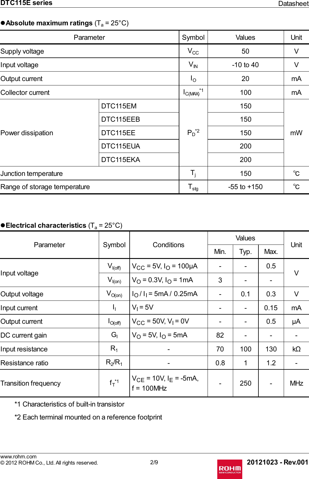 Page 2 of 11 - DTC115E Series - Datasheet. Www.s-manuals.com. Rohm