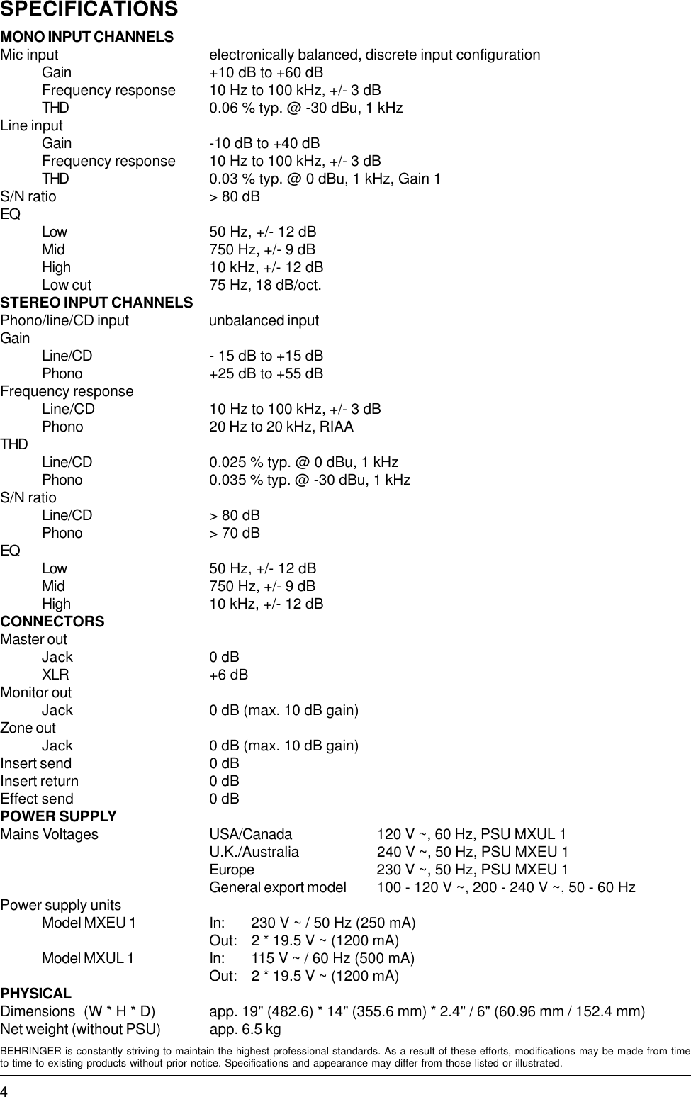 Page 4 of 5 - PRO MIXER DX1000 Behringer Specification Sheet P0051 S En