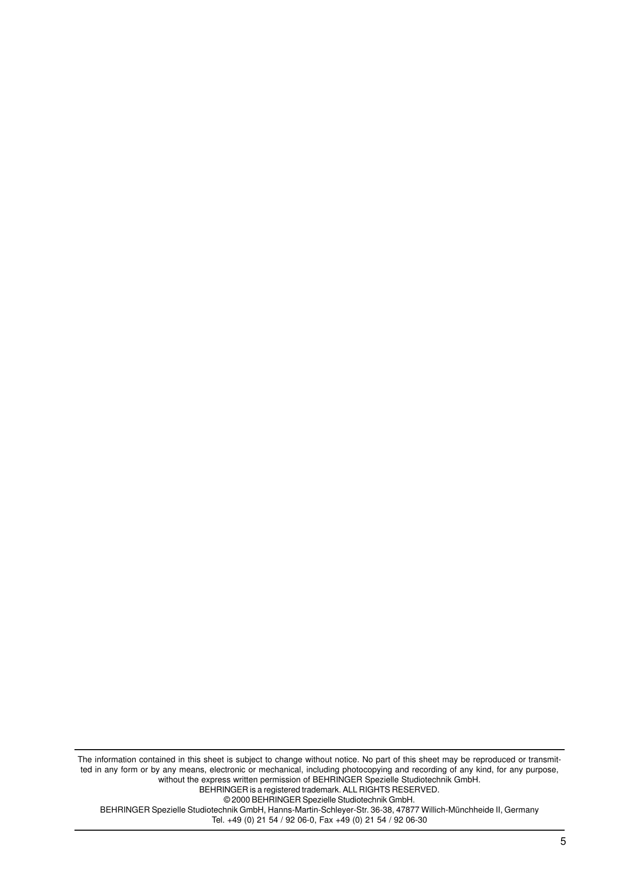 Page 5 of 5 - PRO MIXER DX1000 Behringer Specification Sheet P0051 S En