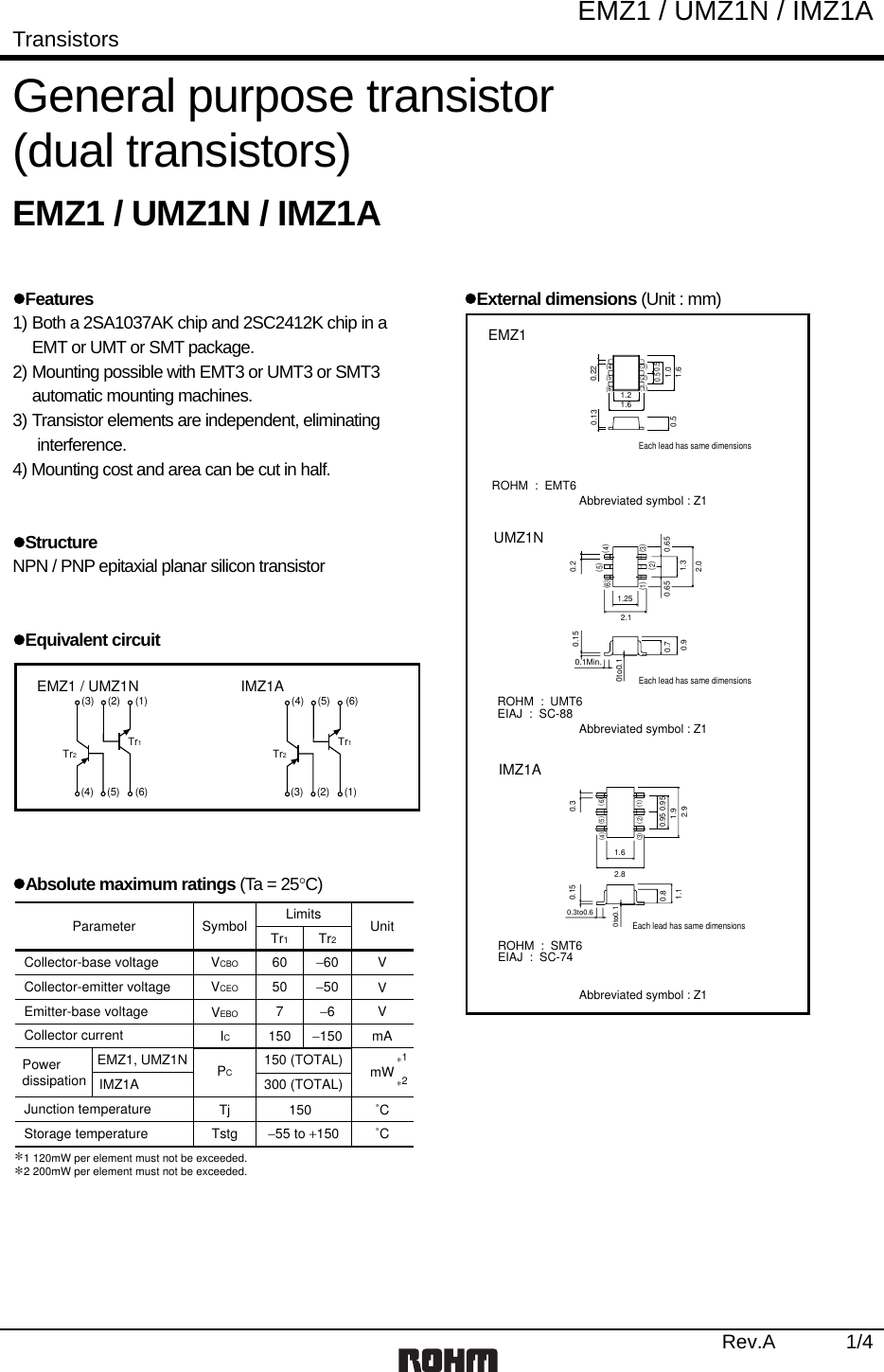 Page 1 of 6 - EMZ1, IMZ1A, UMZ1N - Datasheet. Www.s-manuals.com. Rohm