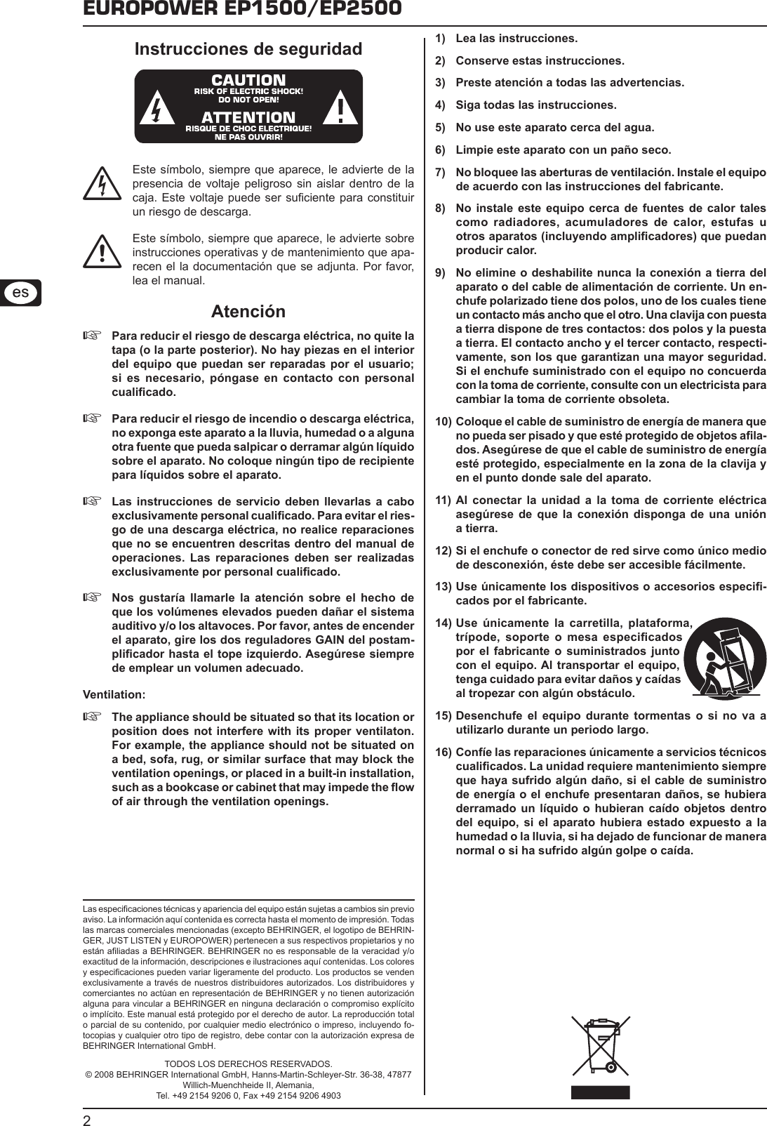 Page 2 of 10 - Behringer EP2500 User Manual (Spanish) P0183 M Es