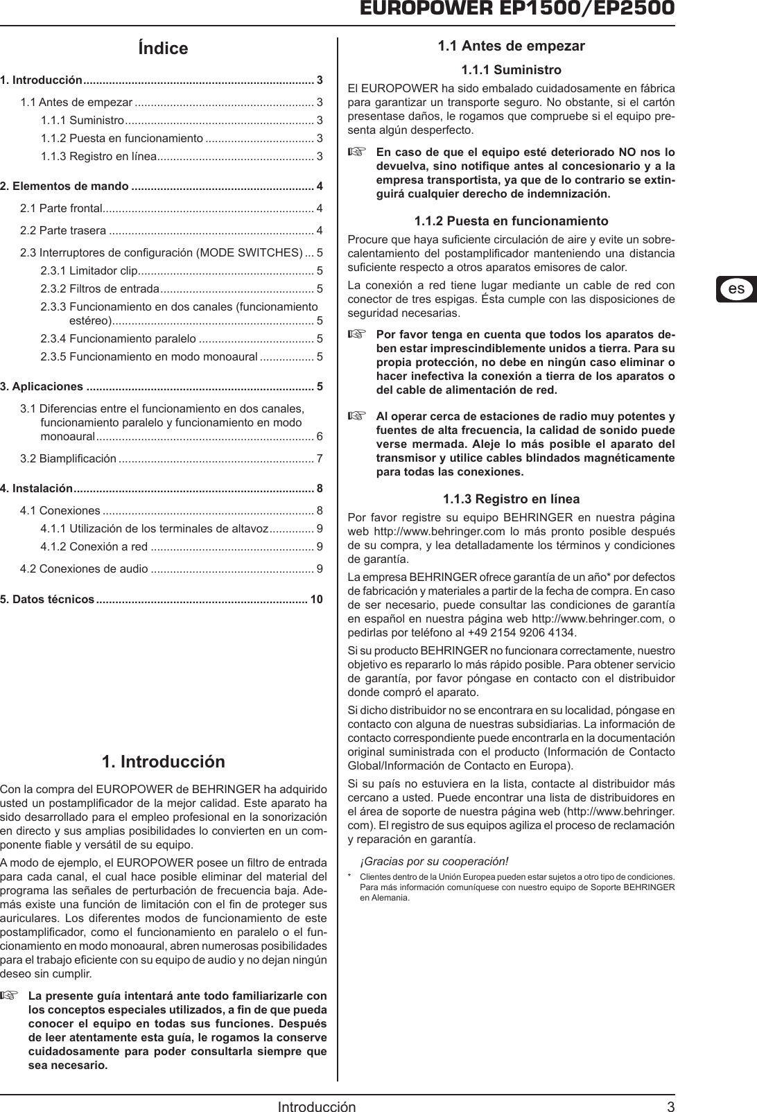 Page 3 of 10 - Behringer EP2500 User Manual (Spanish) P0183 M Es