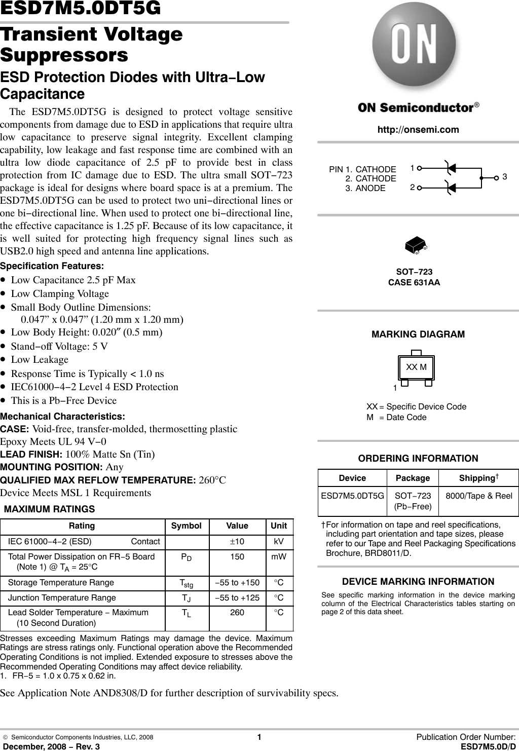 Page 1 of 5 - ESD7M5.0DT5G - Datasheet. Www.s-manuals.com. On
