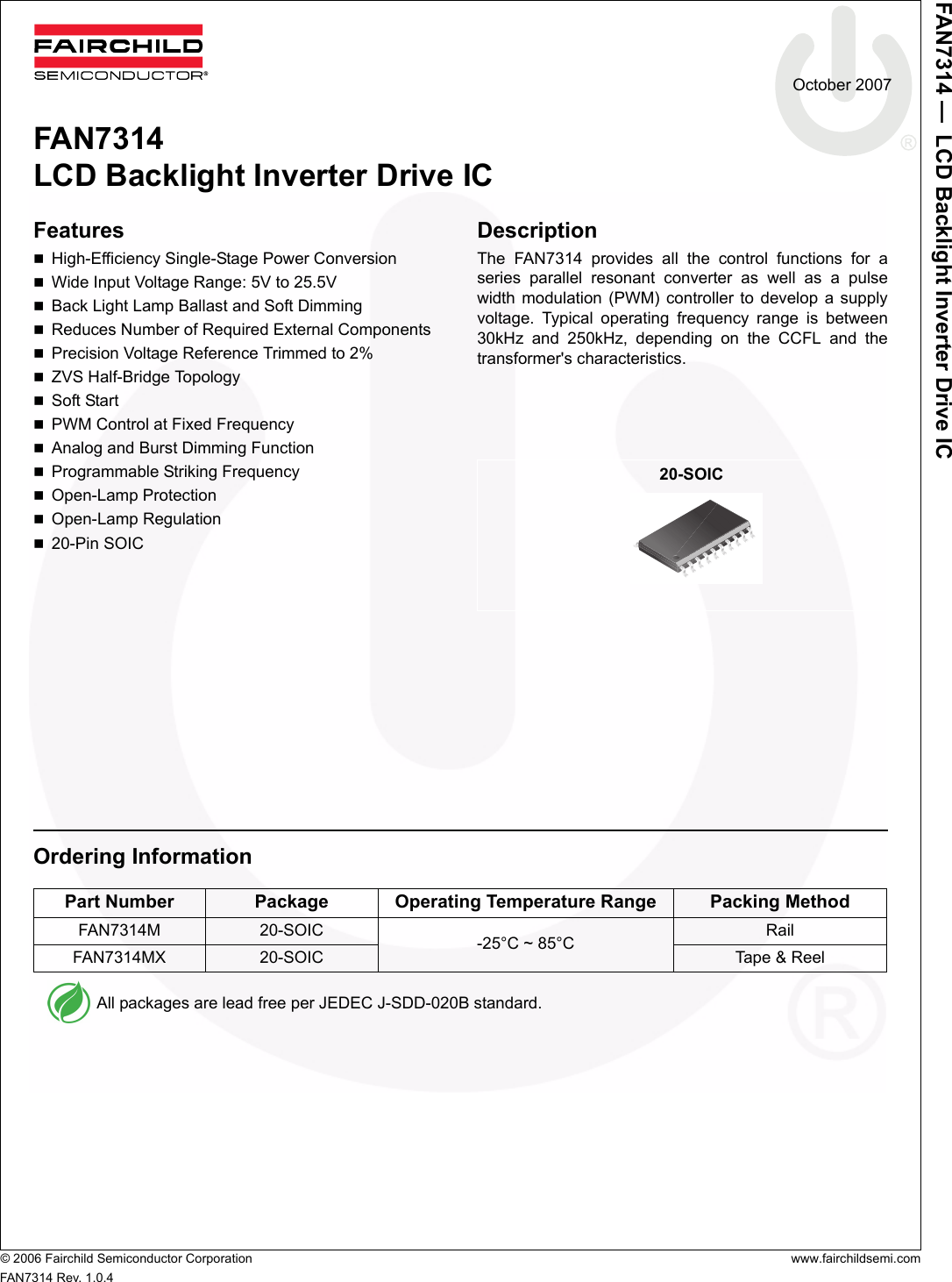 Page 1 of 4 - FAN7314 - Datasheet. Www.s-manuals.com. R1.0.4 Fairchild