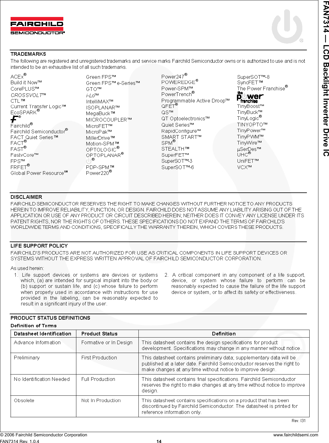 Page 3 of 4 - FAN7314 - Datasheet. Www.s-manuals.com. R1.0.4 Fairchild