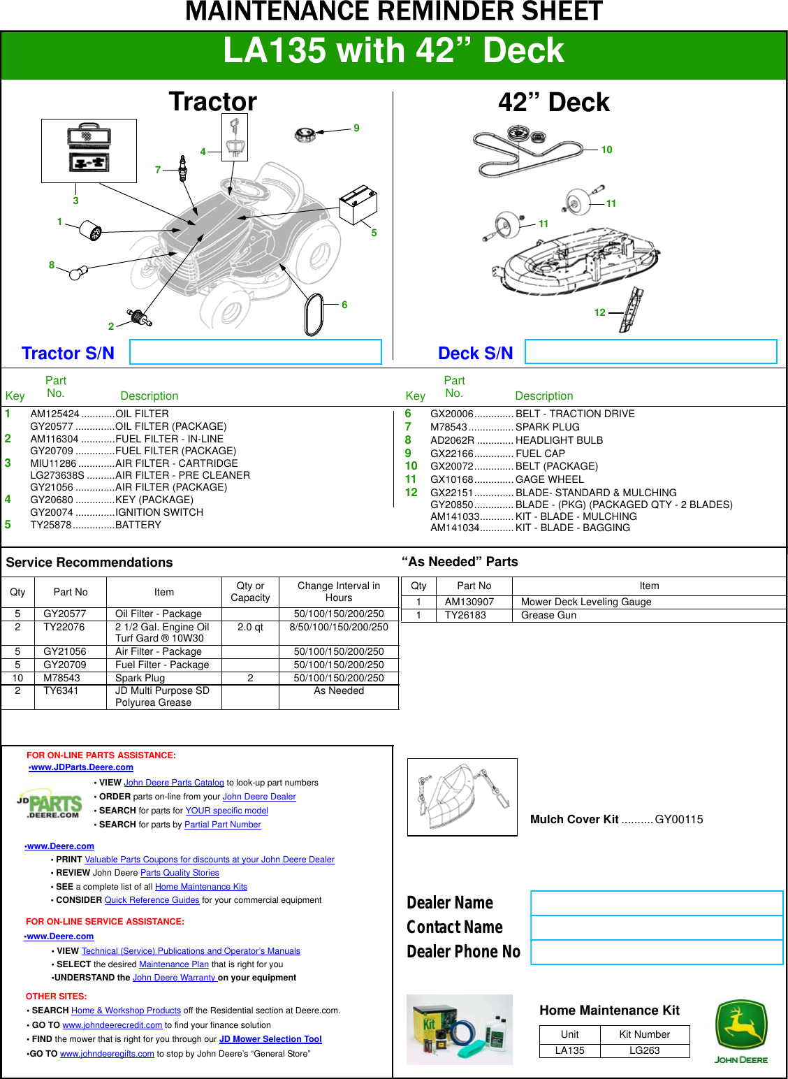 Page 1 of 1 - LA135_42_deck  !! Fb Maint Sheet LA135 42 Deck Lawn Tractor
