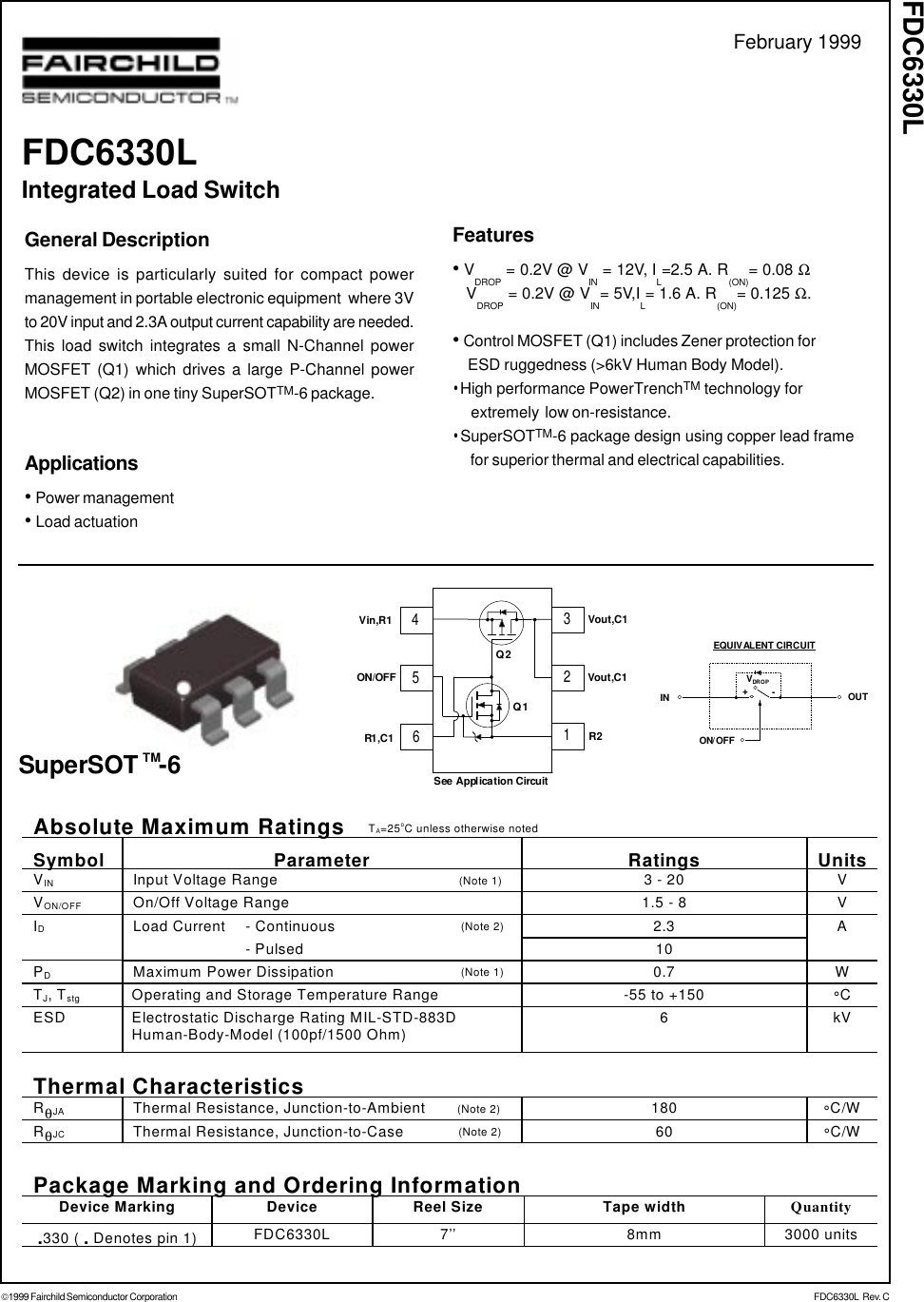Page 1 of 5 - FDC6330L - Datasheet. Www.s-manuals.com. Fairchild