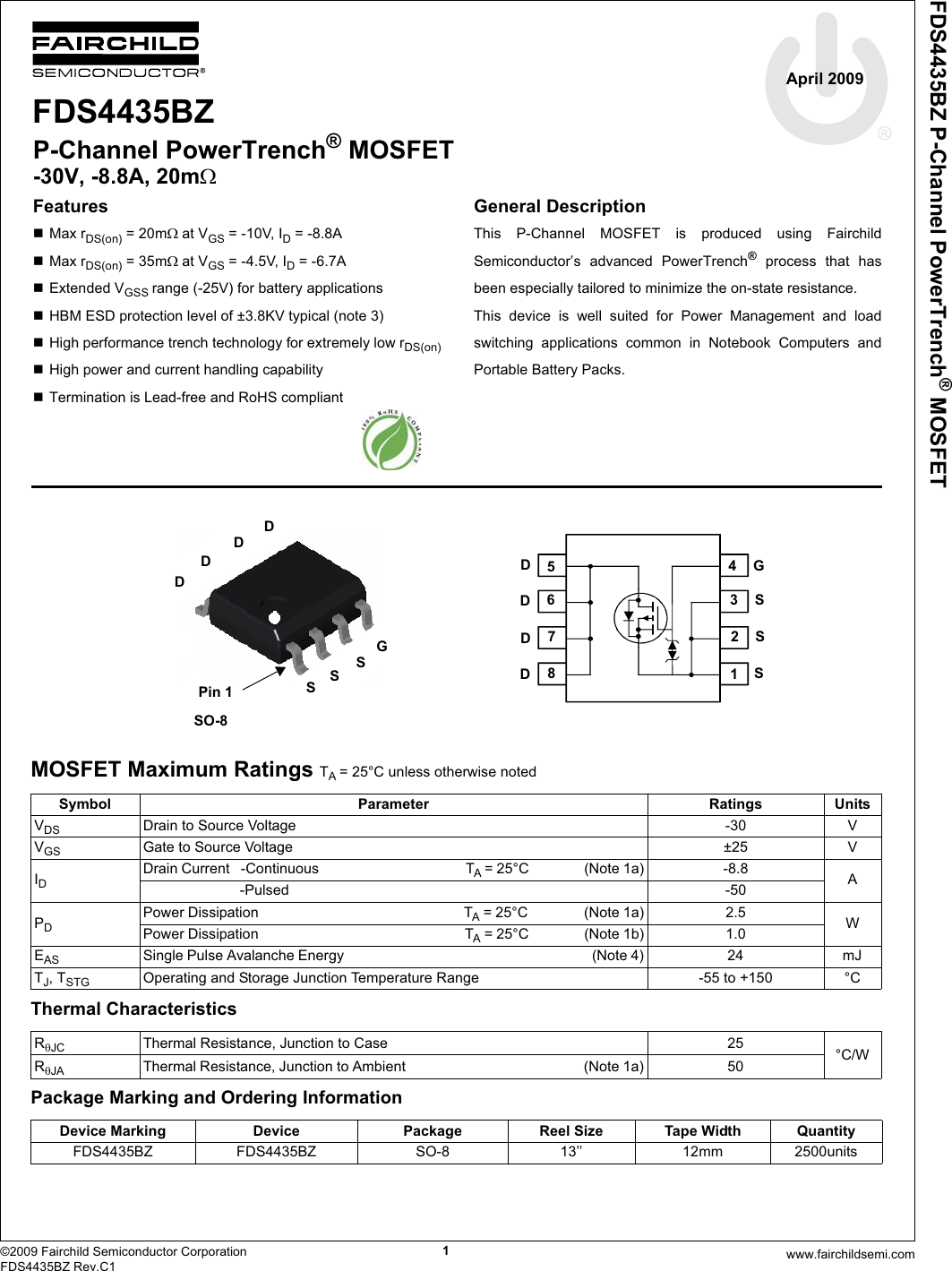 Page 1 of 7 - FDS4435BZ - Datasheet. Www.s-manuals.com. Rc1 Fairchild