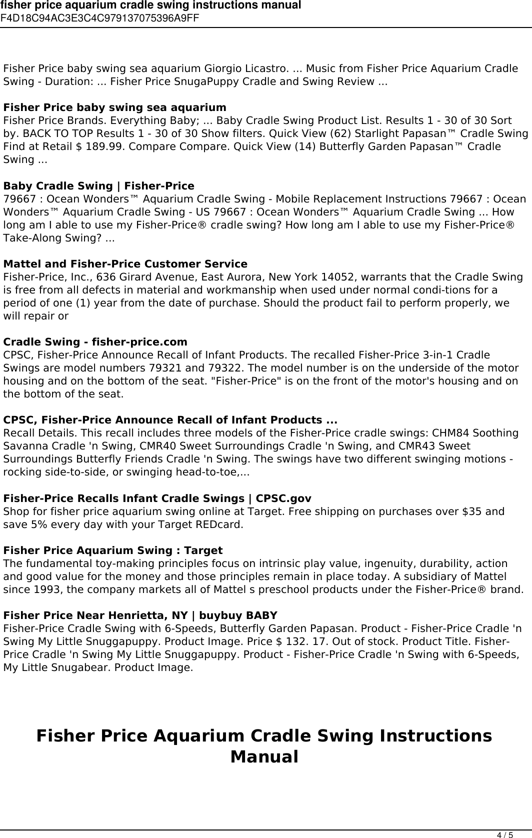 Page 4 of 5 - Fisher Price Aquarium Cradle Swing Instructions Manual