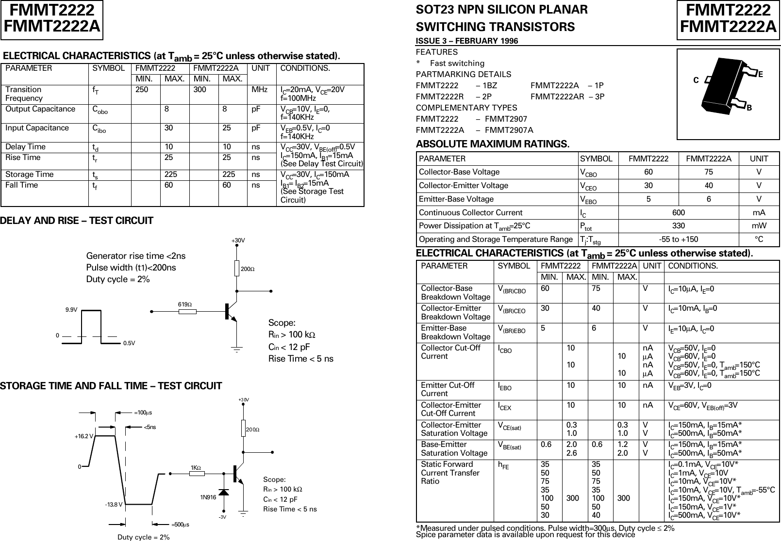 Page 1 of 3 - FMMT2222, FMMT2222A, FMMT2222AR, FMMT2222R - Datasheet. Www.s-manuals.com. Zetex