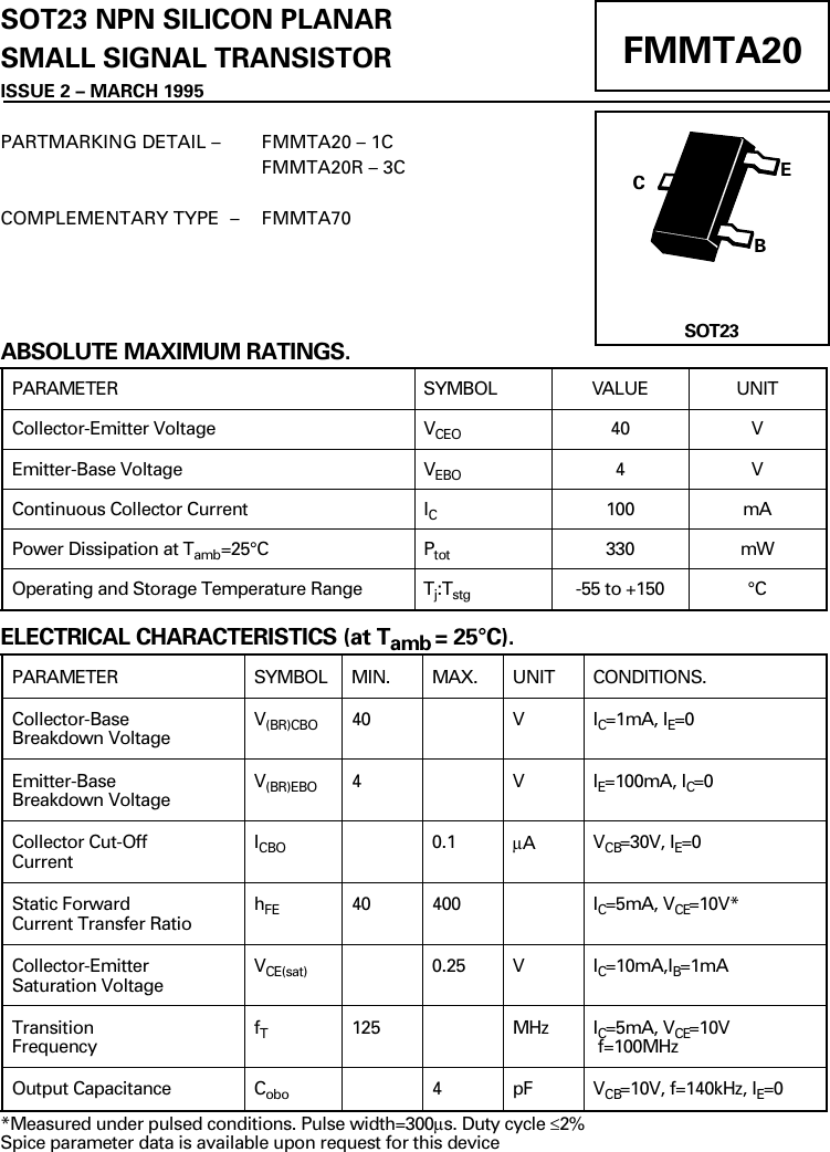 Page 1 of 2 - FMMTA20, FMMTA20R - Datasheet. Www.s-manuals.com. Fmmta20 Zetex