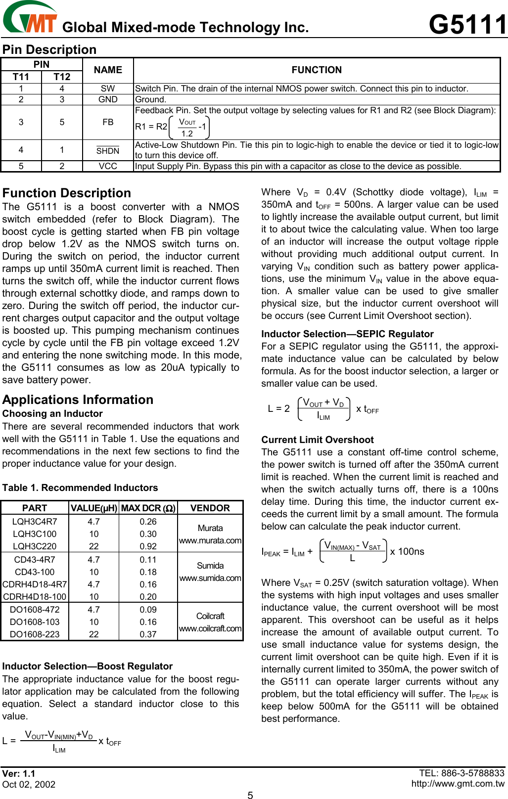 Page 5 of 9 - G5111 - Datasheet. Www.s-manuals.com. R1.1 Gmt