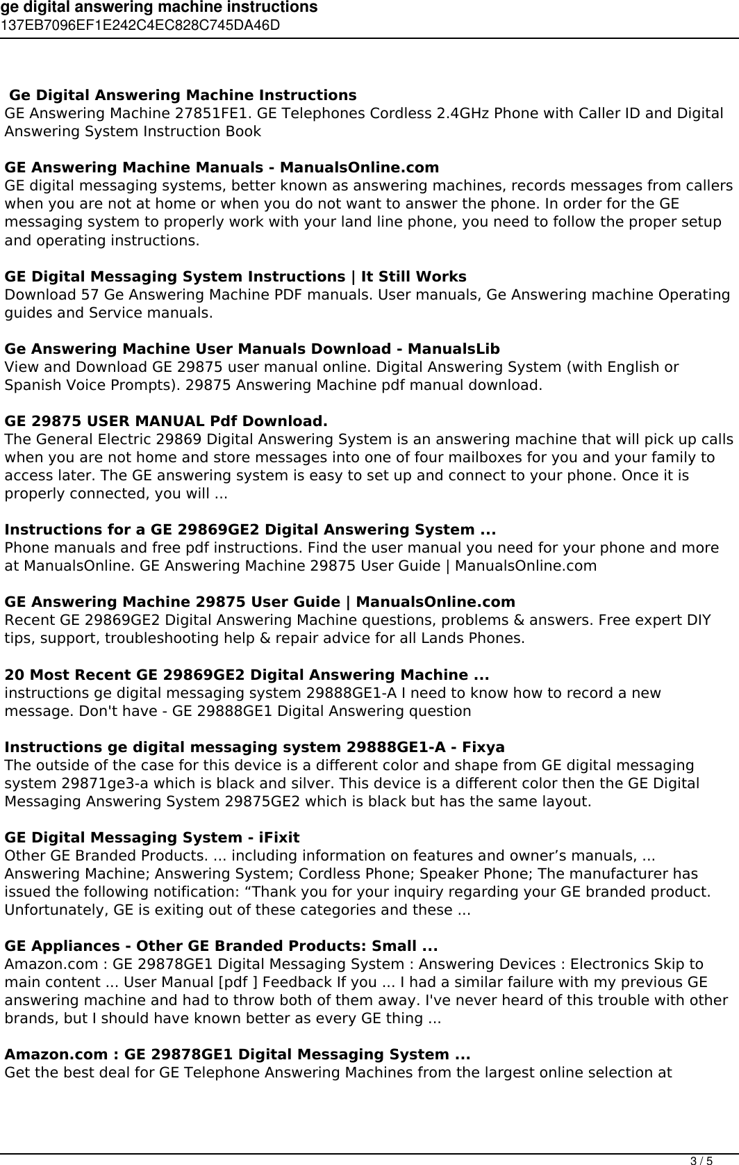 Page 3 of 5 - Ge Digital Answering Machine Instructions