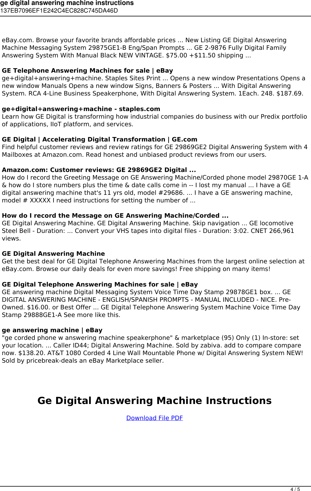 Page 4 of 5 - Ge Digital Answering Machine Instructions