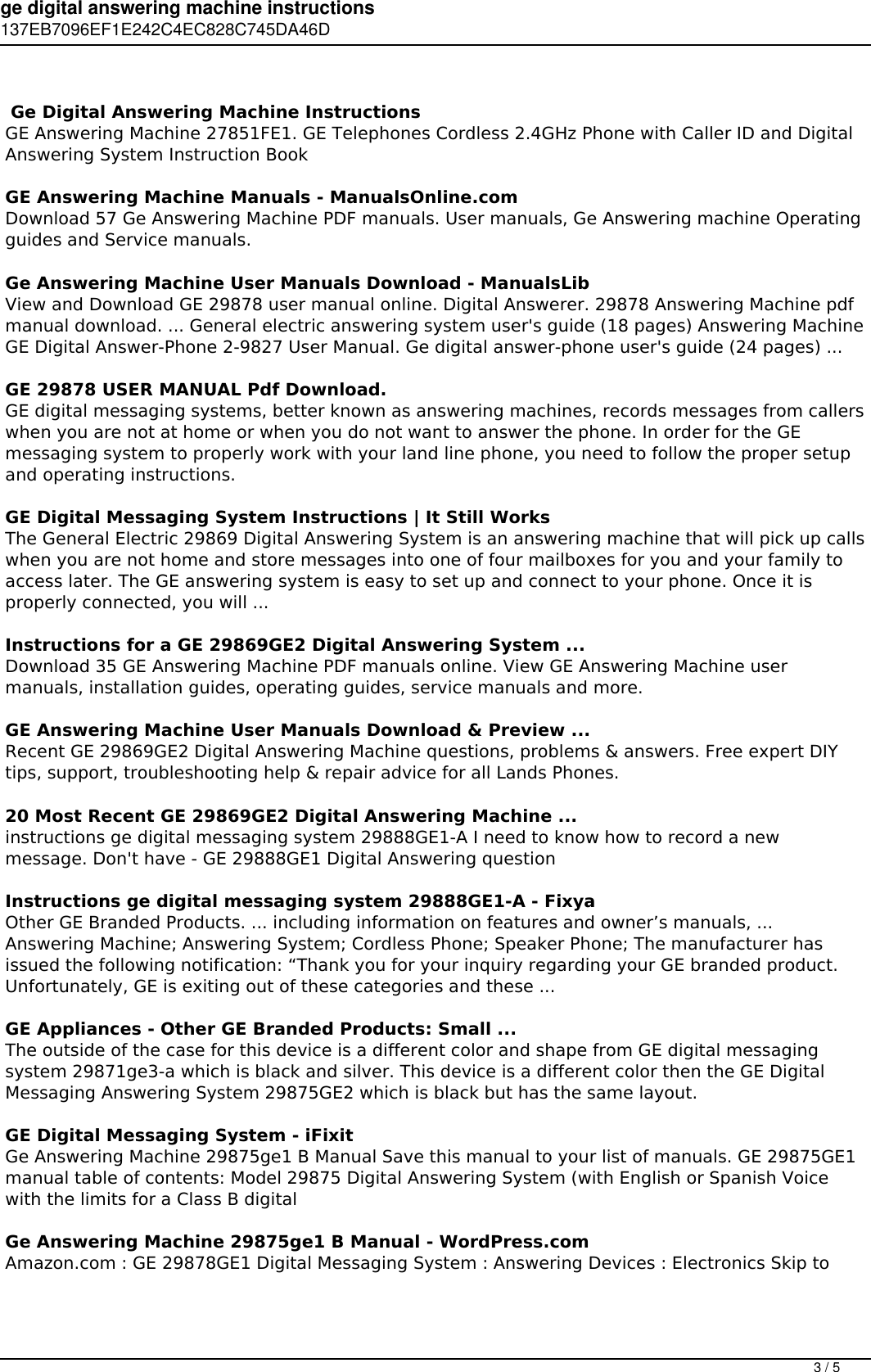 Page 3 of 5 - Ge Digital Answering Machine Instructions