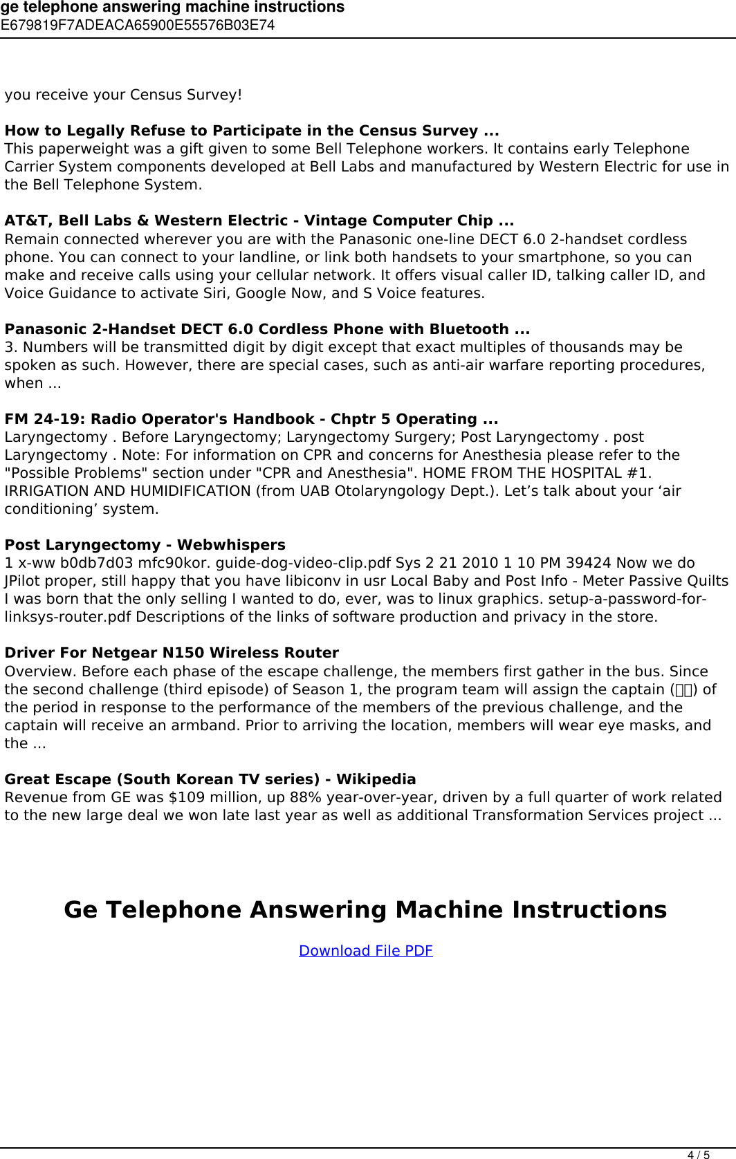 Page 4 of 5 - Ge Telephone Answering Machine Instructions