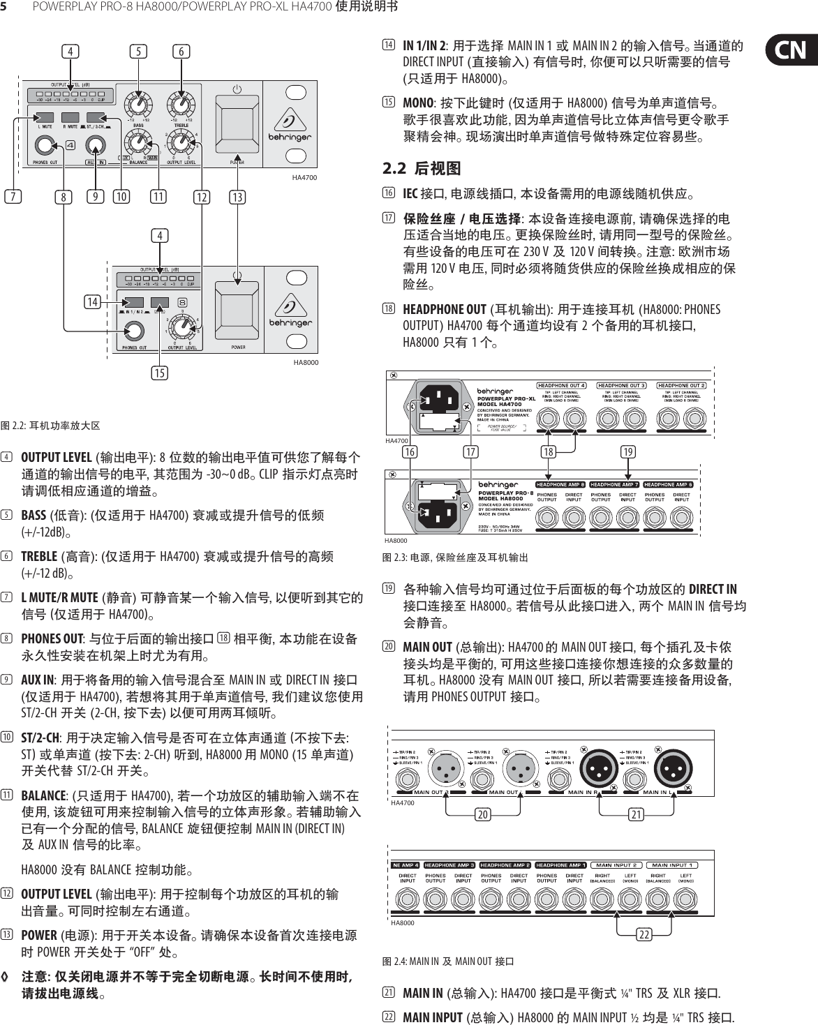 Page 5 of 10 - POWERPLAY PRO-8 HA8000/PRO-XL HA4700 Behringer User Manual (Chinese) Ha8000 P0184 M Cn