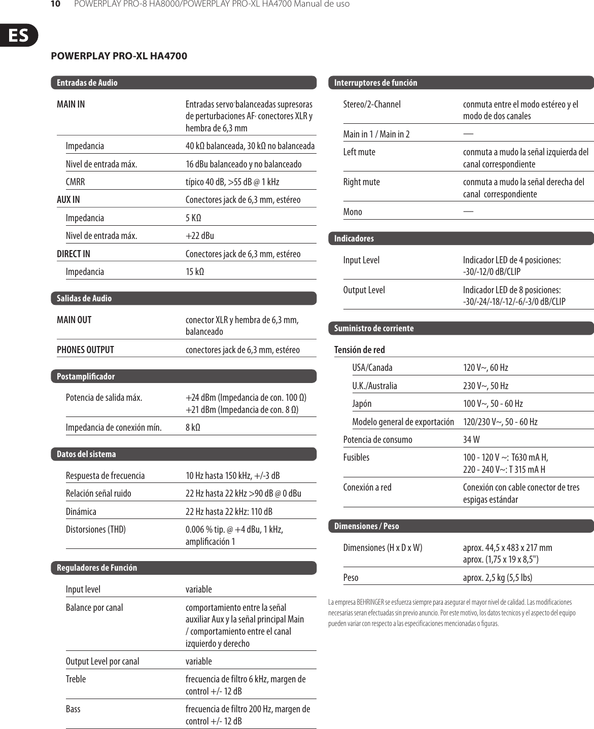 Page 10 of 11 - POWERPLAY PRO-8 HA8000/PRO-XL HA4700 Behringer User Manual (Spanish) Ha8000 P0184 M Es