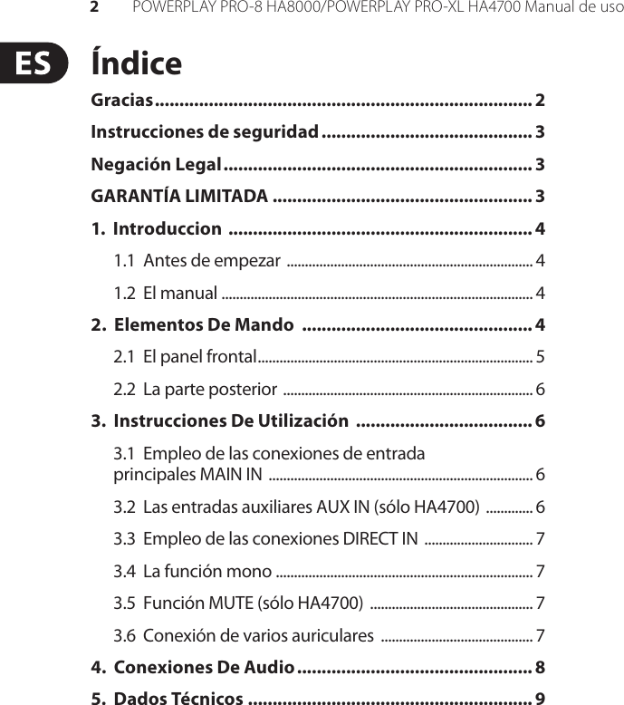 Page 2 of 11 - POWERPLAY PRO-8 HA8000/PRO-XL HA4700 Behringer User Manual (Spanish) Ha8000 P0184 M Es