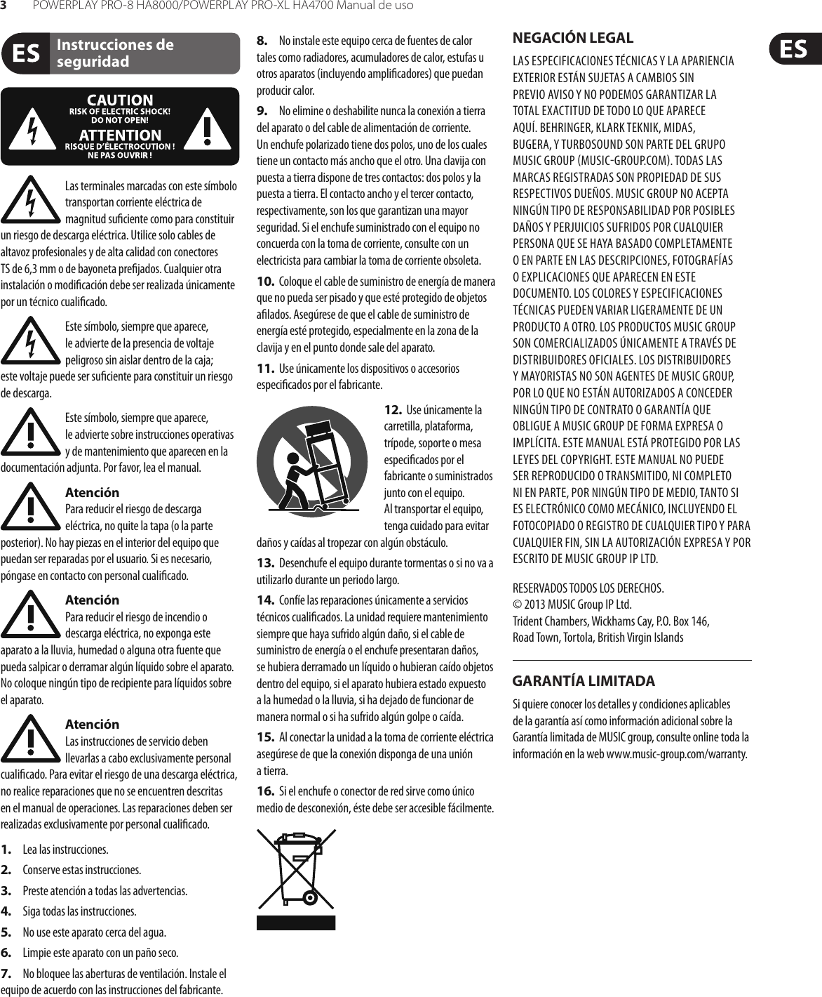 Page 3 of 11 - POWERPLAY PRO-8 HA8000/PRO-XL HA4700 Behringer User Manual (Spanish) Ha8000 P0184 M Es