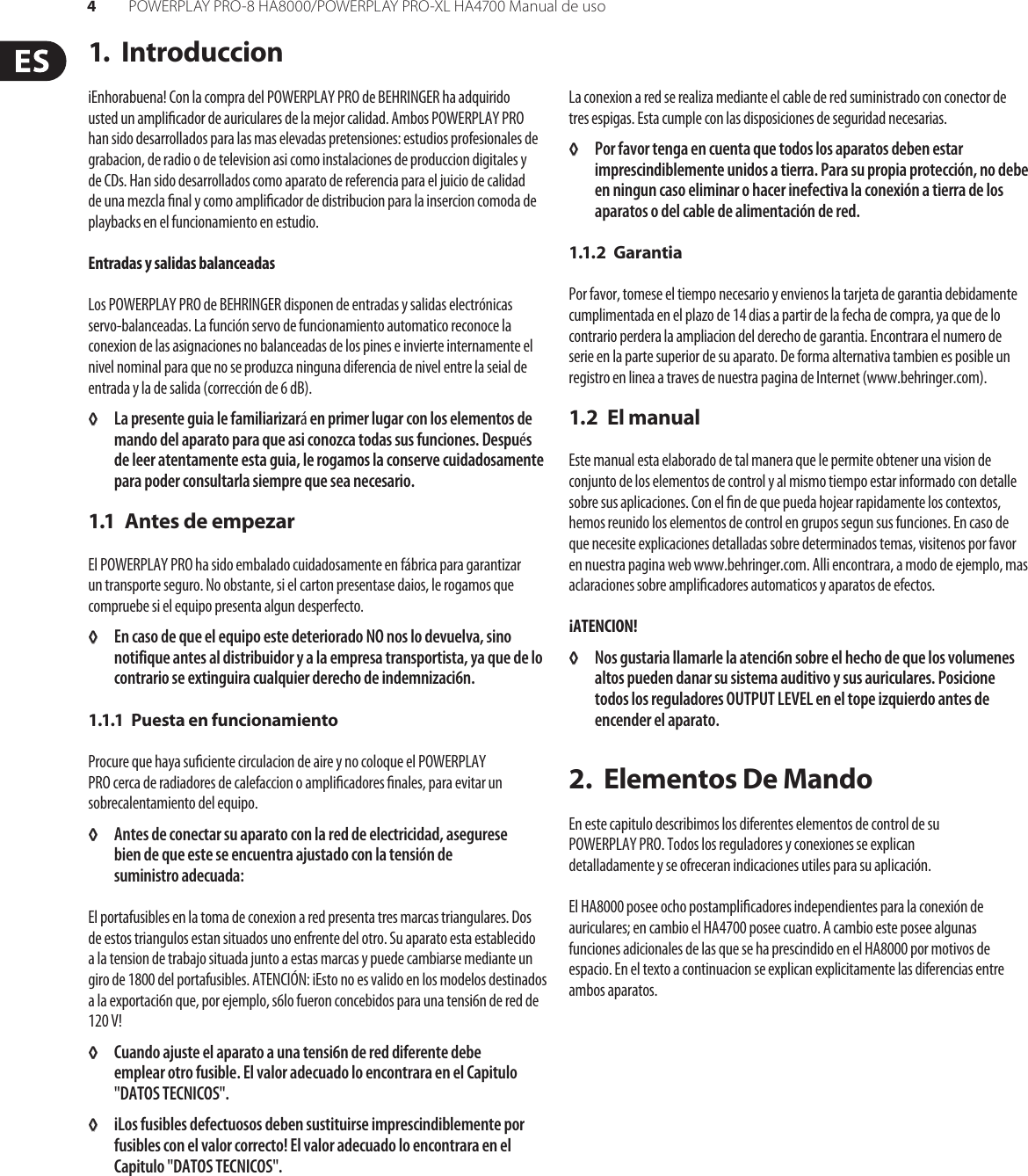 Page 4 of 11 - POWERPLAY PRO-8 HA8000/PRO-XL HA4700 Behringer User Manual (Spanish) Ha8000 P0184 M Es