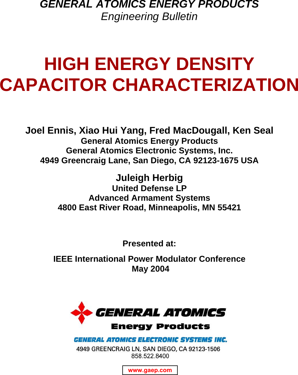 Page 1 of 5 - PREPARATION OF PAPERS FOR THE 2003 IEEE INTERNATIONAL CONFERENCE ON High-energy-capacitor-characterization