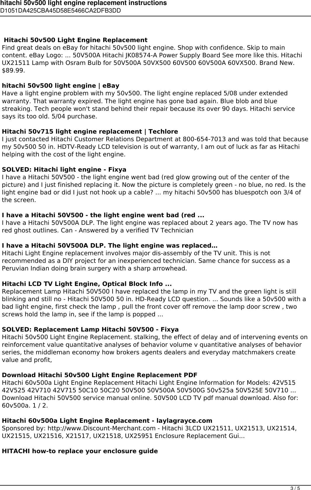 Page 3 of 5 - Hitachi 50v500 Light Engine Replacement Instructions