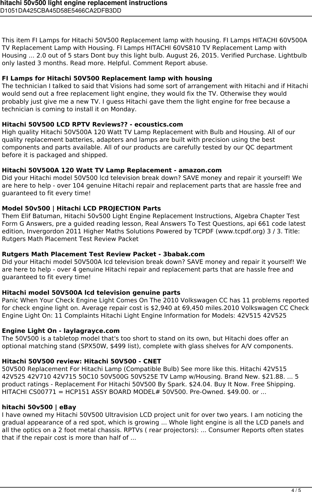 Page 4 of 5 - Hitachi 50v500 Light Engine Replacement Instructions