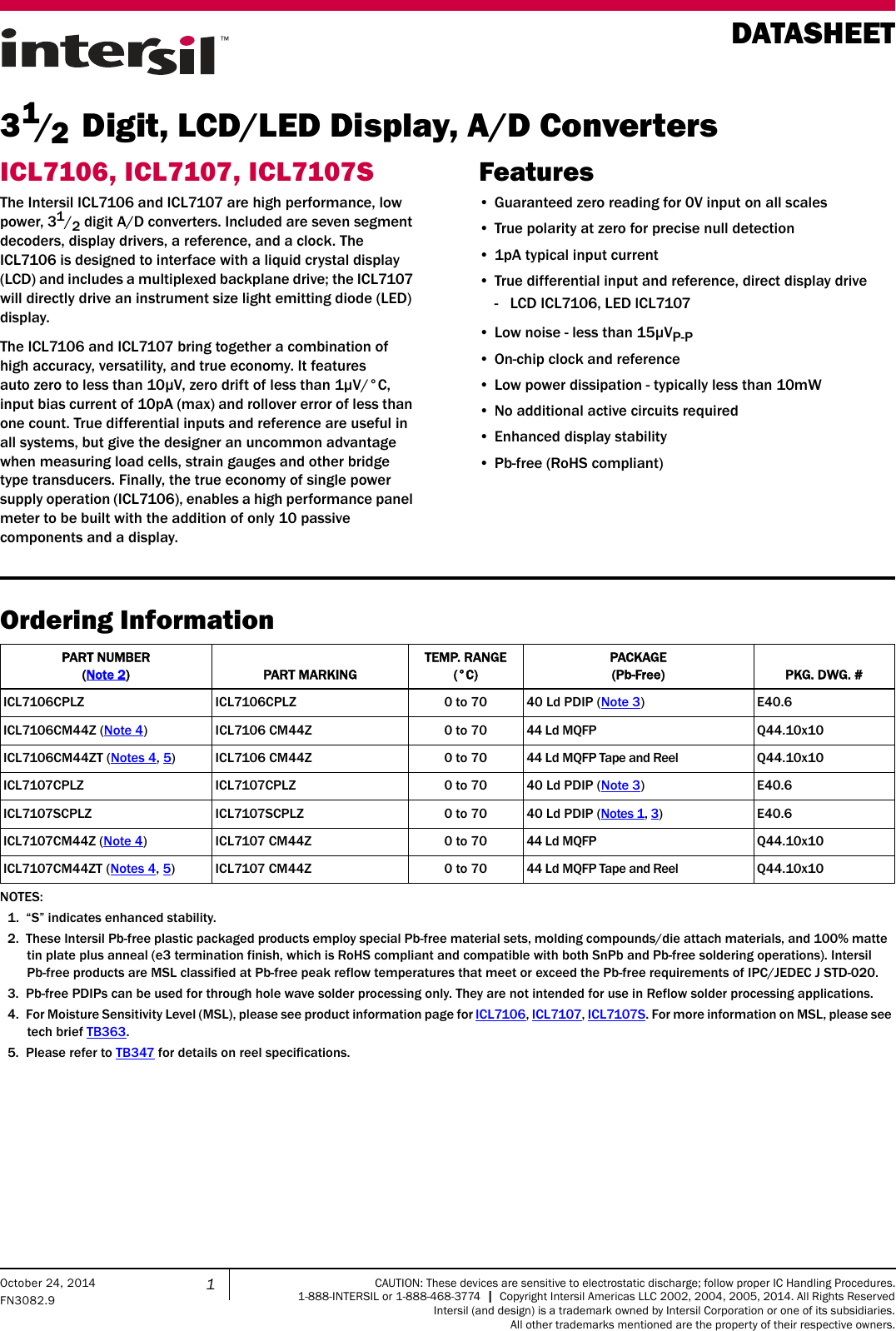 ICL7106, ICL7107, ICL7107S Datasheet 20141024 Intersil