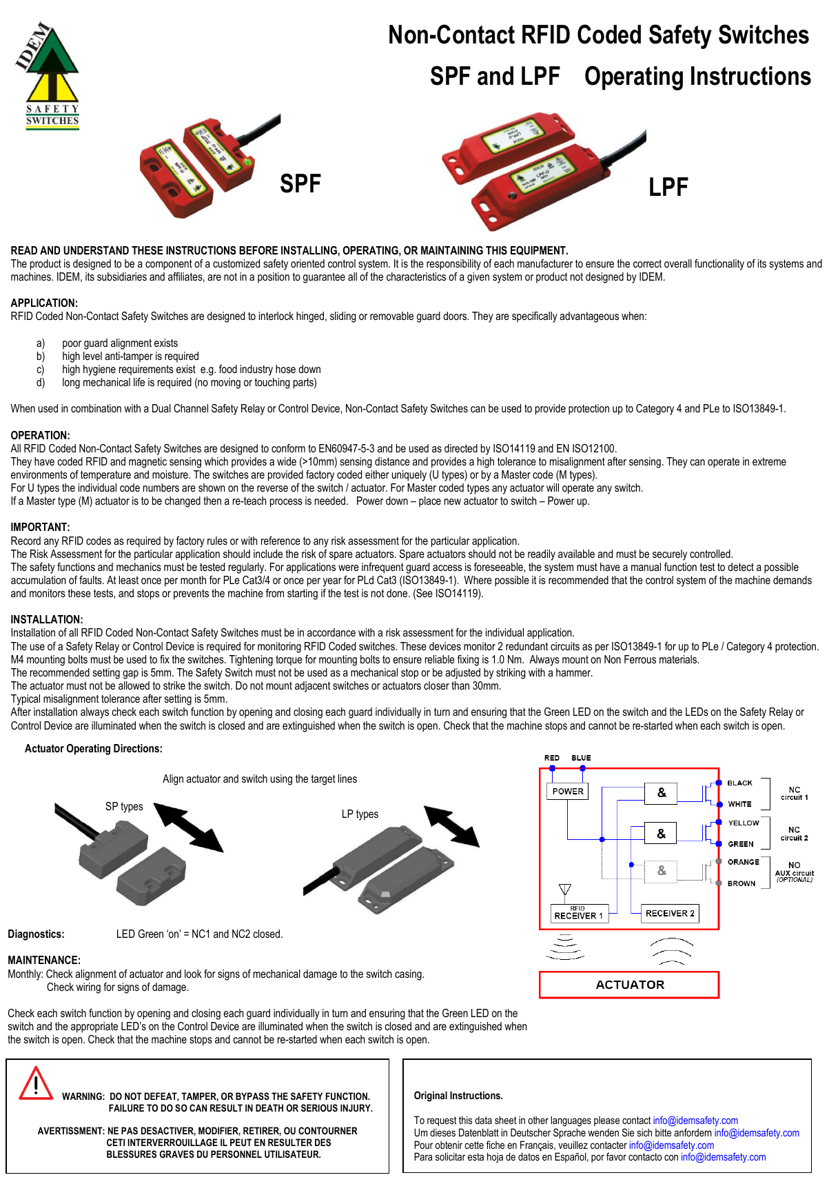 Page 1 of 2 - 102537 SPF LPF  RFID Data Sheet Sept 2016 IDEM Non-Contact Coded Safety Switches Operating Instructions