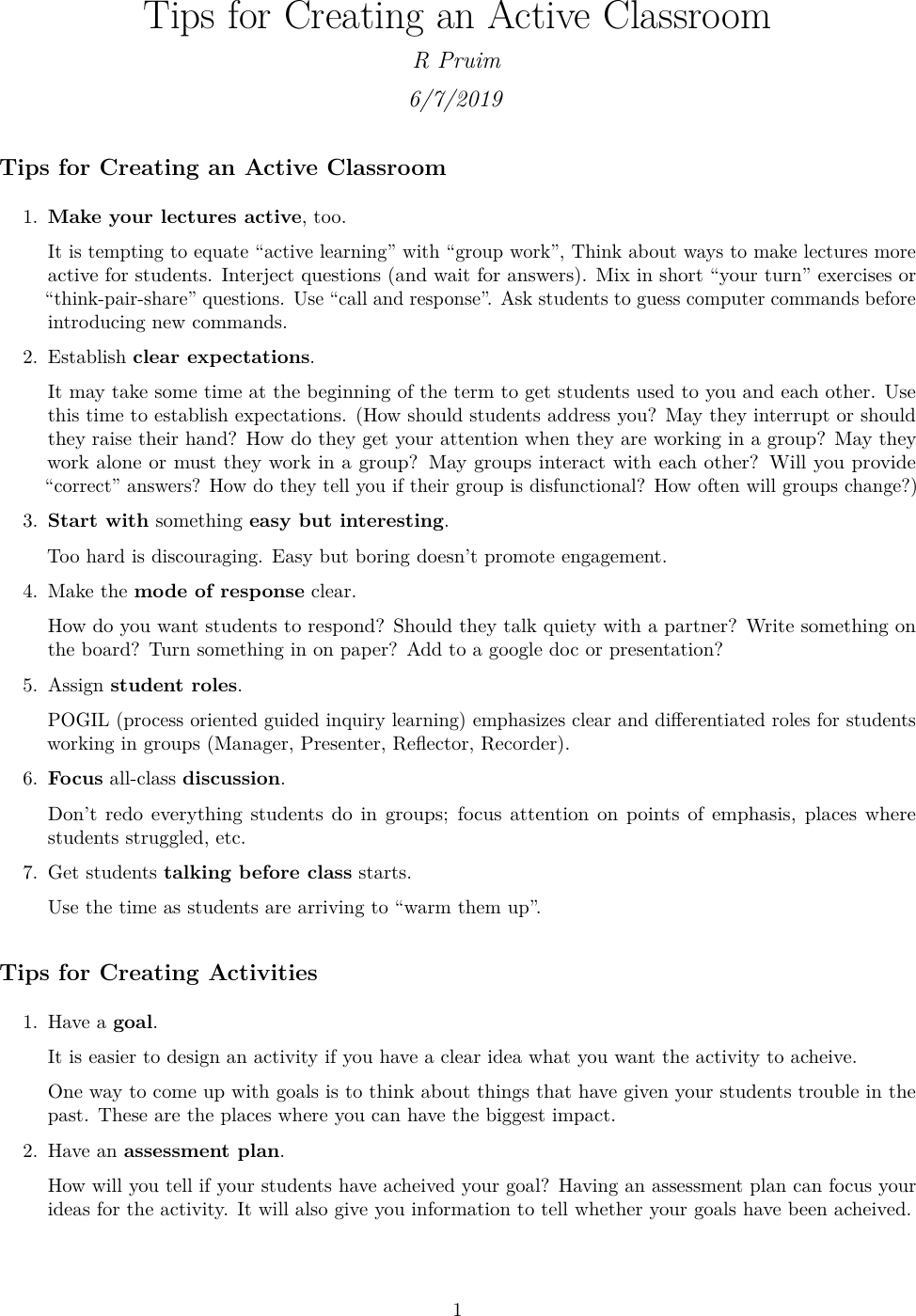 Page 1 of 2 - Tips For Creating An Active Classroom Instructions-active-classroom-tips