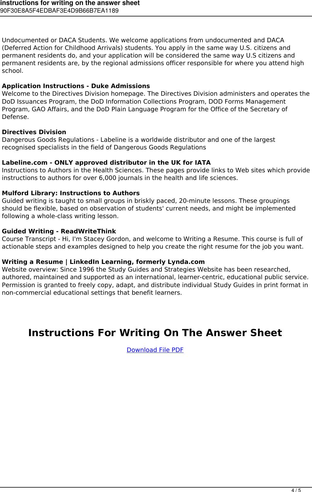 Page 4 of 5 - Instructions For Writing On The Answer Sheet