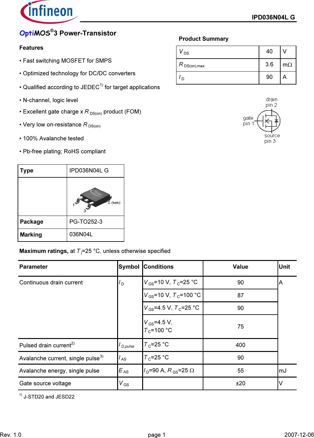 Page 1 of 10 - IPD036N04L G - Datasheet. Www.s-manuals.com. Infineon