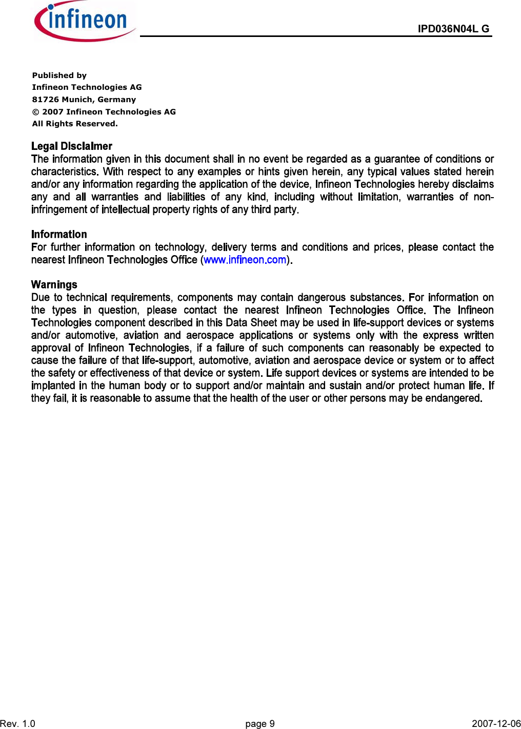 Page 9 of 10 - IPD036N04L G - Datasheet. Www.s-manuals.com. Infineon