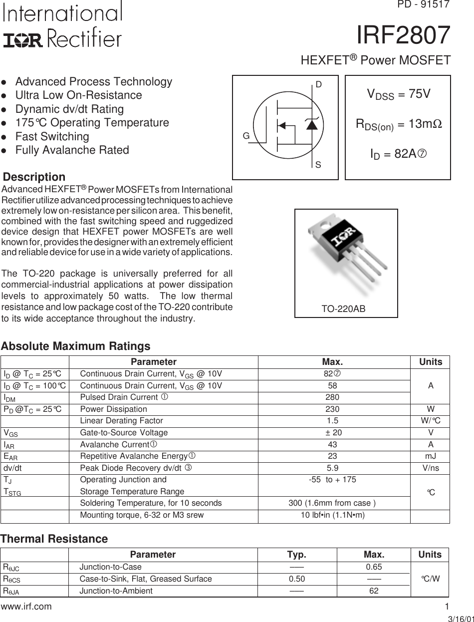 Page 1 of 9 - IRF2807 - Datasheet. Www.s-manuals.com. Irf2708 Irf