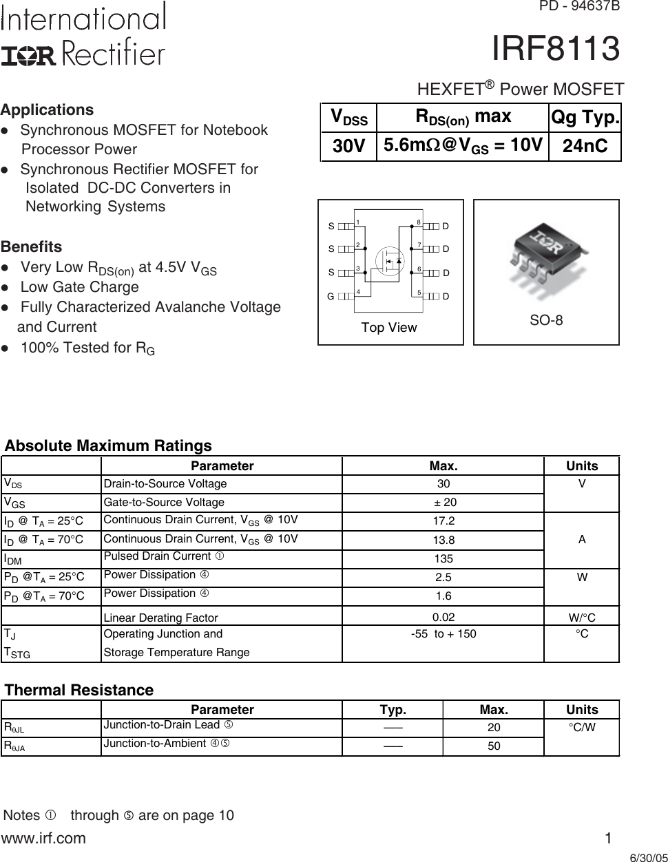 Page 1 of 11 - IRF8113 - Datasheet. Www.s-manuals.com. 20050630 Irf