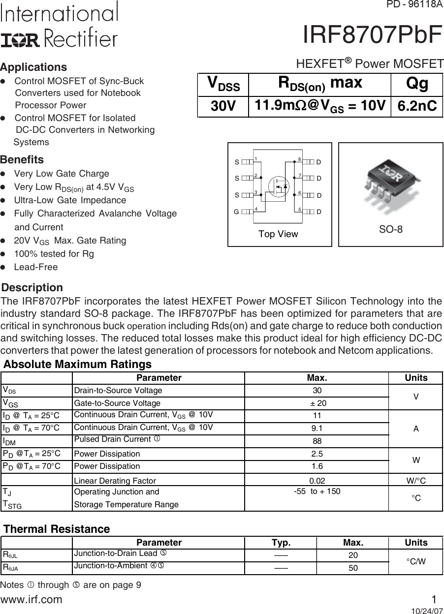Page 1 of 10 - IRF8707PbF - Datasheet. Www.s-manuals.com. 20071024 Irf