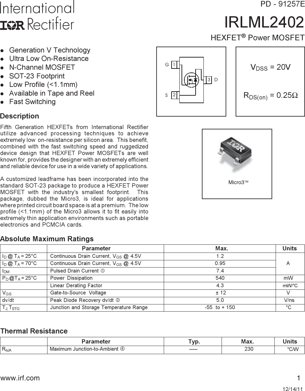 Page 1 of 9 - IRLML2402 - Datasheet. Www.s-manuals.com. Irf