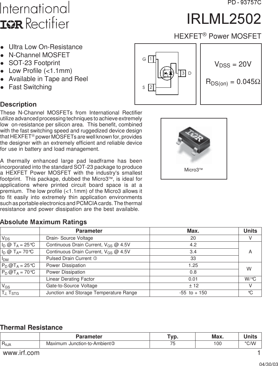 IRLML2502 Datasheet. Www.s manuals.com. Irf