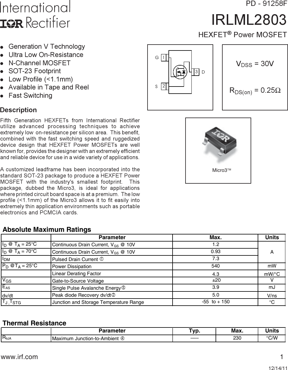 Page 1 of 9 - IRLML2803 - Datasheet. Www.s-manuals.com. Irf