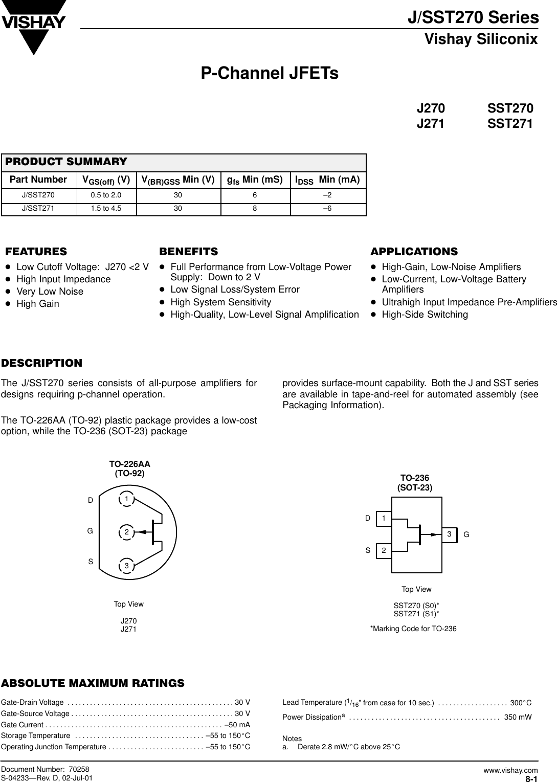 Page 1 of 5 - J270, J271, SST270, SST271 - Datasheet. Www.s-manuals.com. Vishay